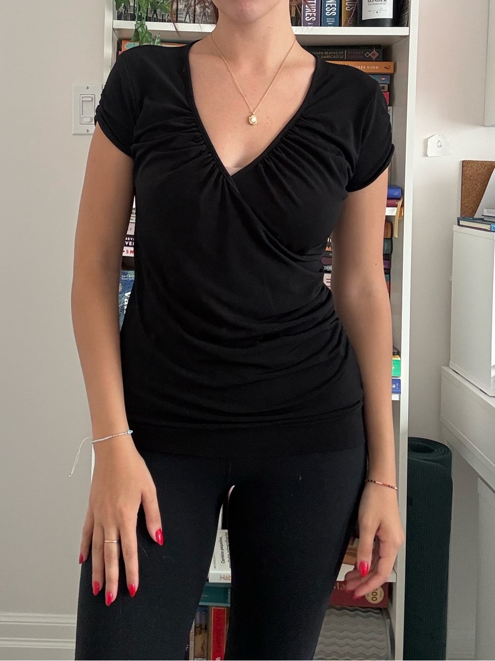 Black Ruched V-Neck Short-Sleeve Top